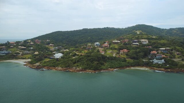 Garopaba Bay Drone View with Fishing Boats, Turquoise Sea and Rocky Coastline