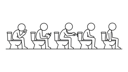 Fototapeta premium Five stick figures sitting on toilets engaged in various activities keywords bathroom