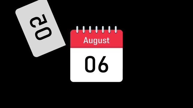 august calendar flipbook animation with smooth day transition from 1 to 31 black screen background. seamless page turning august date timeline animation with continuous motion graphics sequence. 