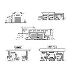 Various Gas Station Buildings Pumps and Service Areas. © hesty