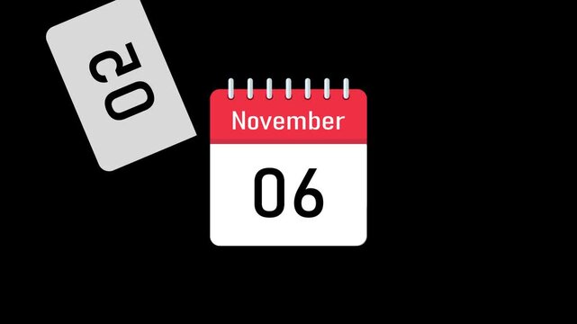 calendar timeline animation with flipping pages and transparent black background. seamless november calendar page turn animation with continuous date progression and timeline motion graphics. 