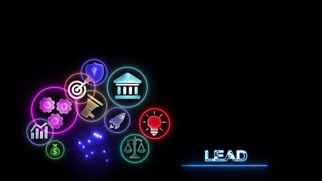 Neon business connected by glowing blue lines on black background with lead text ,4k video.
