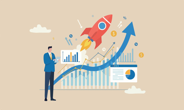 Businessman rocket analysis, economic and growth diagram, stock market exchange data, investment analysis, growth earning income concept, businessman thinking with data chart and graph