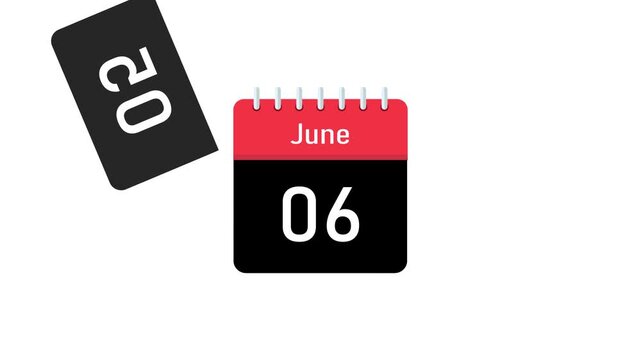 time progression june calendar animation with continuous date sequence. looping june calendar page turn animation with white. june calendar flip animation from 1 to 30 with smooth daily transitions