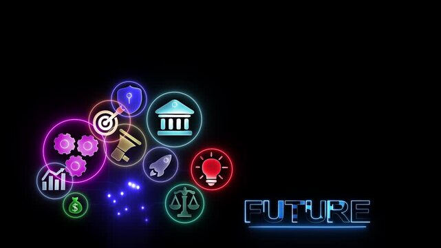Neon colored tree with glowing and the word F U T U R E on a black background future ,4k video.