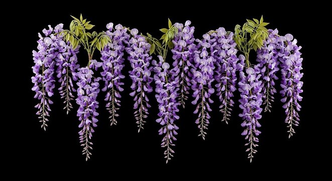 Purple wisteria blossoms cascade gracefully against a stark, black background
