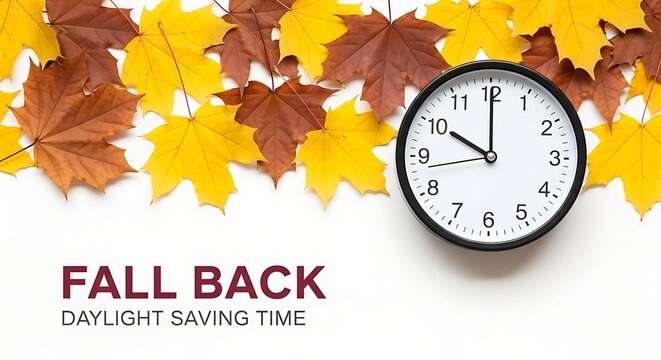 Fall Back Daylight Saving Time Clock Surrounded By Autumn Leaves