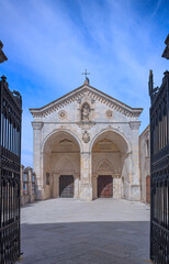 View of the main facade of the Sanctuary of Saint Michael the Archangel in the town of Monte Sant'Angelo, in Apulia an region of southern Italy. © vololibero