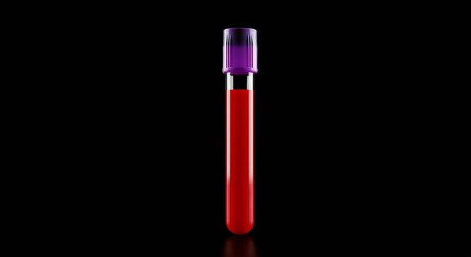 Single test tube filled with vibrant red liquid, purple cap, black background, minimal composition