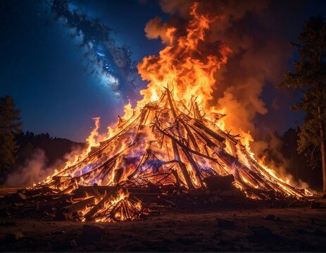 A towering pyre blazes under a star-speckled sky. Burning wood crackles, while fiery light casts a warm glow