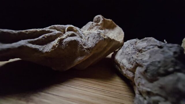 Cinematic macro shot of raw Costus Root (Qust al-Bahri) on a wooden surface. These dried Saussurea costus roots are premium organic ingredients used in holistic medicine and traditional herbal remedie