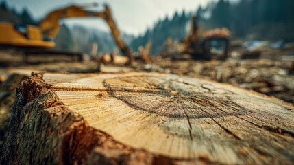 Fototapeta premium Perspective view of freshly cut timber with industrial machinery working on forest land preparing for logging and development projects in the background
