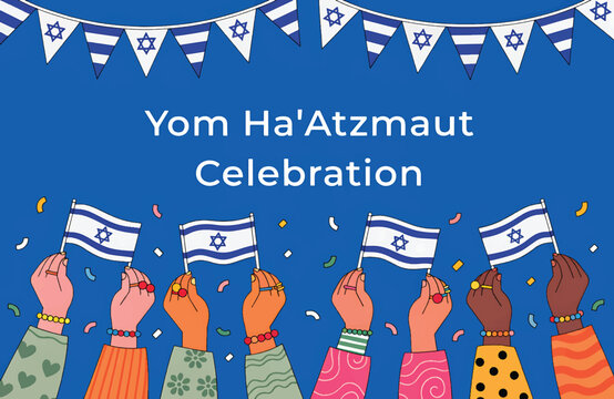 Yom Ha'Atzmaut Celebration With Diverse Hands Waving Israeli Flags and Festive Bunting

