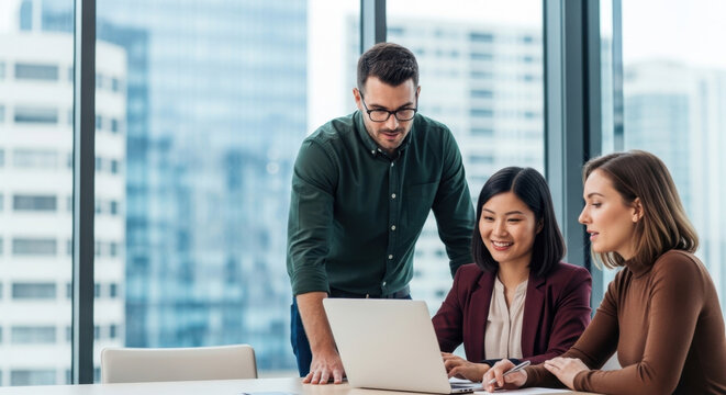 Group of business people partners having conversation discussion using laptop sitting in office desk. Woman manager showing finance project online, doing training to colleagues. Web banner, copy space