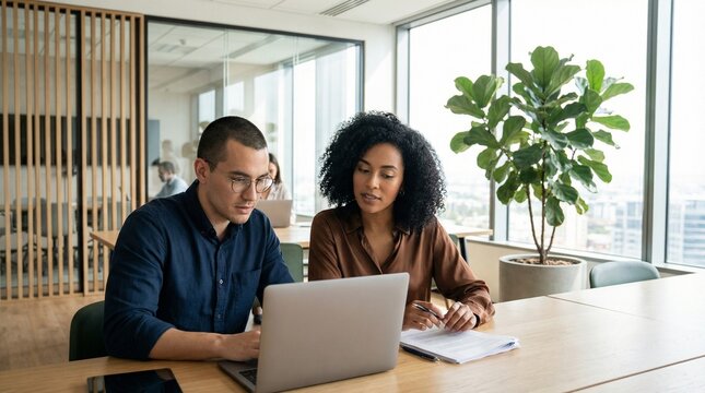 Two colleagues, a man in a navy shirt and a woman with curly hair, are focused on a laptop screen at a wooden conference table in a modern, sunlit office with large windows.
