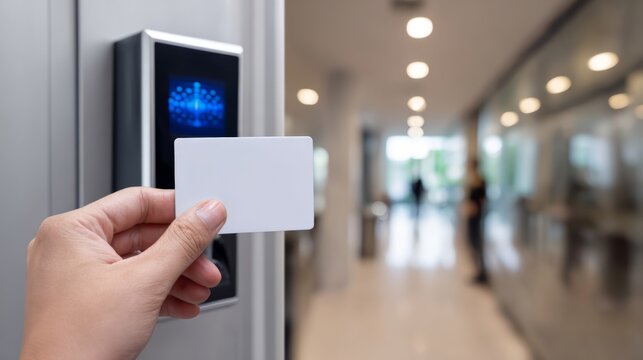 Woman holding white plastic smart card for electronic door access control system. Secure digital identification scanner for office building entry. Modern technology safety and security concept.
