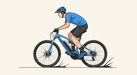 Naklejka premium Dynamic Mountain Biker Riding Electric Bicycle In Stylized Illustration