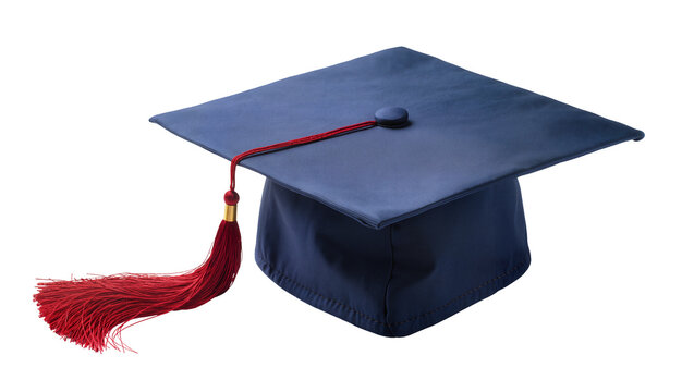 Isolated dark blue graduation cap with a vibrant red tassel, symbolizing academic achievement