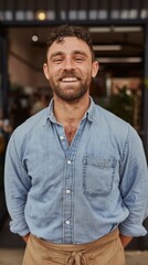 Fototapeta premium Smiling Man in Denim Shirt and Apron, Indoors