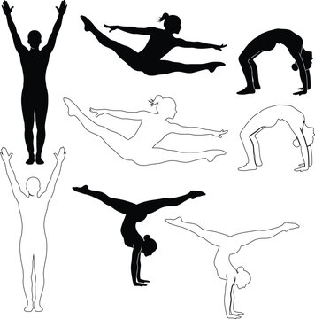Diverse yoga and gymnastics poses illustrated in black and white silhouettes