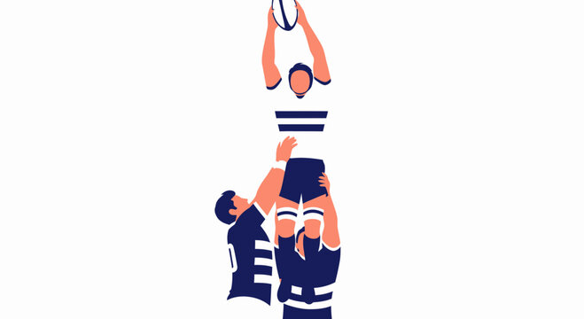 Dynamic Rugby Players Executing A Lineout Jump Action Illustration