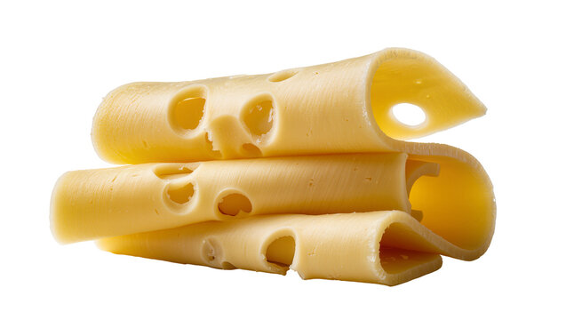 Isolated three beautifully rolled slices of delicious yellow Swiss Emmental cheese with holes