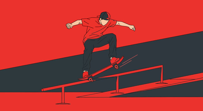 Dynamic Skateboarder Executes Grinding Trick on Rails Vibrant Graphic