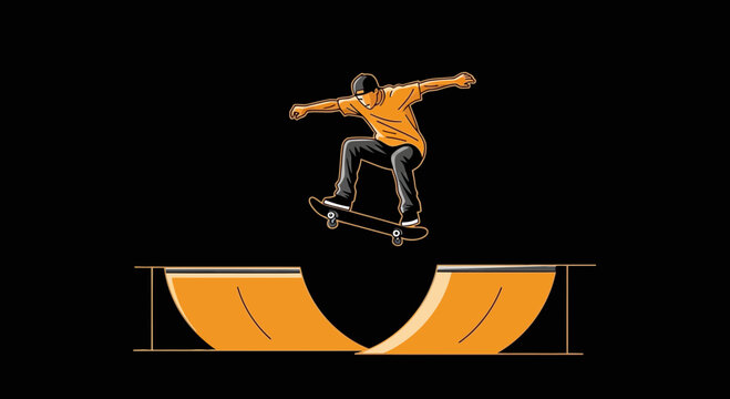 Dynamic Skateboarder Executes Mid-Air Trick Over Half-Pipe Ramps