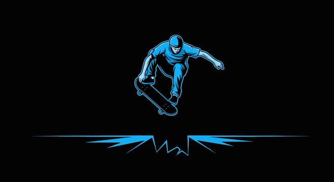 Dynamic Skateboarder Executes Mid-Air Trick With Bold Blue Accents