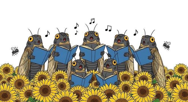 Cartoon cicadas singing from books in a sunflower field, with musical notes and insects flying