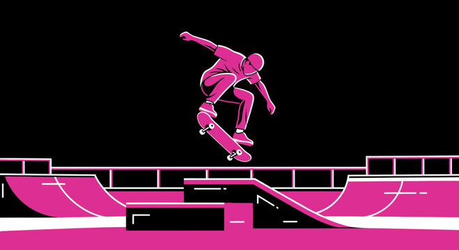 Dynamic Skateboarder Mid-Air Trick Over Pink Skate Park Ramp
