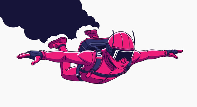 Dynamic Skydiver In Mid-Air With Vibrant Pink Suit And Dark Cloud