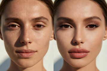 Fototapeta premium Two close-up images of a woman’s face, showcasing the difference between her natural skin and a makeup-enhanced version.