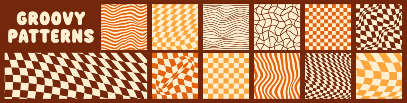 Groovy psychedelic checkerboard color patterns. Retro abstract aesthetic square prints.