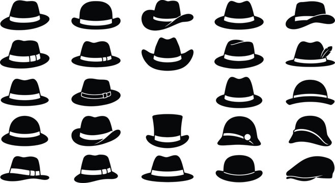 Black and white vector illustration of various hat designs and styles