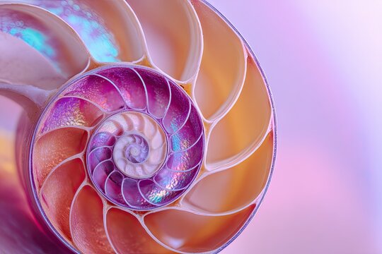 Nautilus Shell: A detailed macro captures the mesmerizing spiral of a nautilus shell, highlighting the intricate patterns and natural beauty of its iridescent interior.