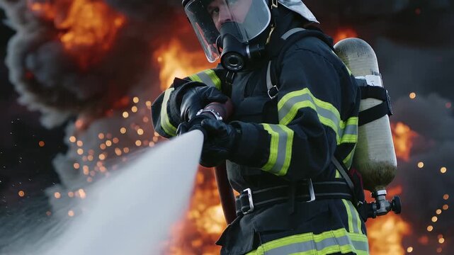 Firefighter battles flames during training drill at industrial site in daytime hours with smoke and explosions in background
