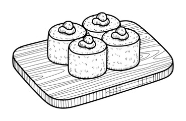 Hand drawn of maki sushi rolls with topping a wooden board food japanese © Lisa_Stock