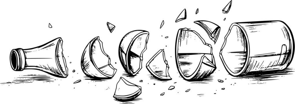Hand Drawn of a Shattered Glass Bottle a White Background broken fragments