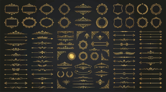 Golden Ornate Vector Borders, Frames, and Elements, 40 Decorative Illustration Set