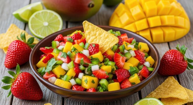 A vibrant bowl of fruit salsa with tortilla chips on a wooden table