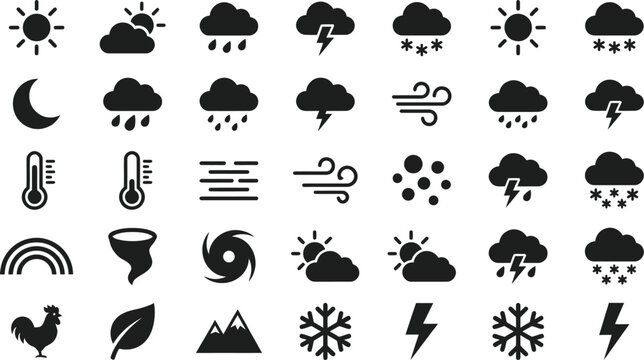 Weather forecast icons including sun, clouds, rain, snow, and temperature symbols in a vector graphic illustration