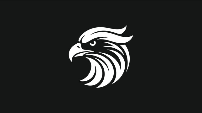 Vector graphic illustration of a strong eagle head in profile with dynamic feathers and a sharp beak on black background