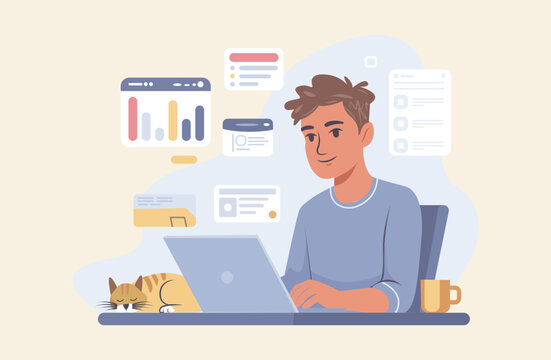 Young Freelancer Working on Laptop at Home with Analytics Dashboard, Remote Work Lifestyle Illustration