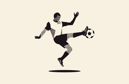 Dynamic Soccer Player Silhouette Performing Mid Air Kick with Ball, Modern Minimal Vector