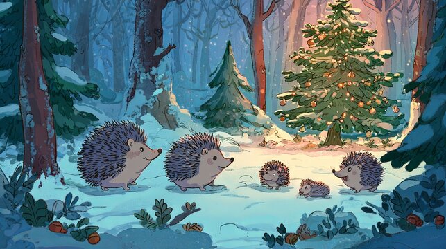 A hedgehog family gathered in a snowy winter forest beside a decorated Christmas tree