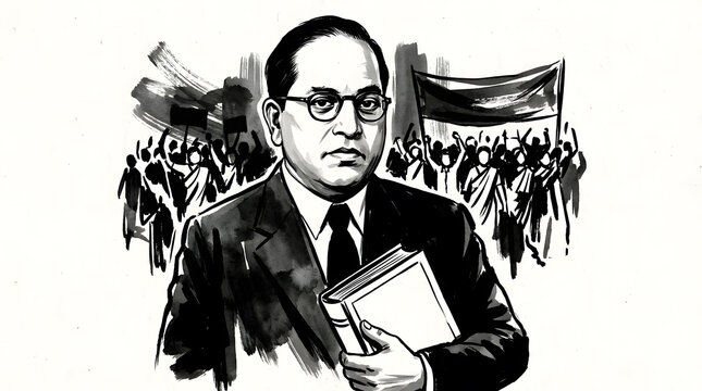 Ambedkar portrait leader man book crowd silhouette protest movement watercolor painting ink wash drawing art