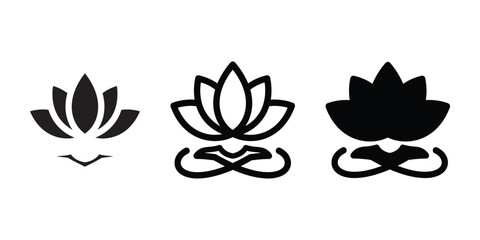 Fototapeta premium Lotus Flower Icon Set for Yoga and Meditation Logo Design Featuring Minimalist Line Art and Silhouette Symbols.