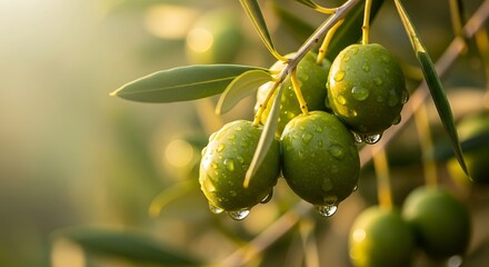 Fototapeta premium Close-up of olive branch with green olives and water droplets, sunlit and natural