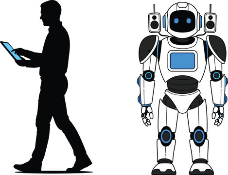 Human Using Tablet and Humanoid Robot Vector Illustration Technology Comparison Silhouette and AI Character Minimal Modern Design Isolated on White Background